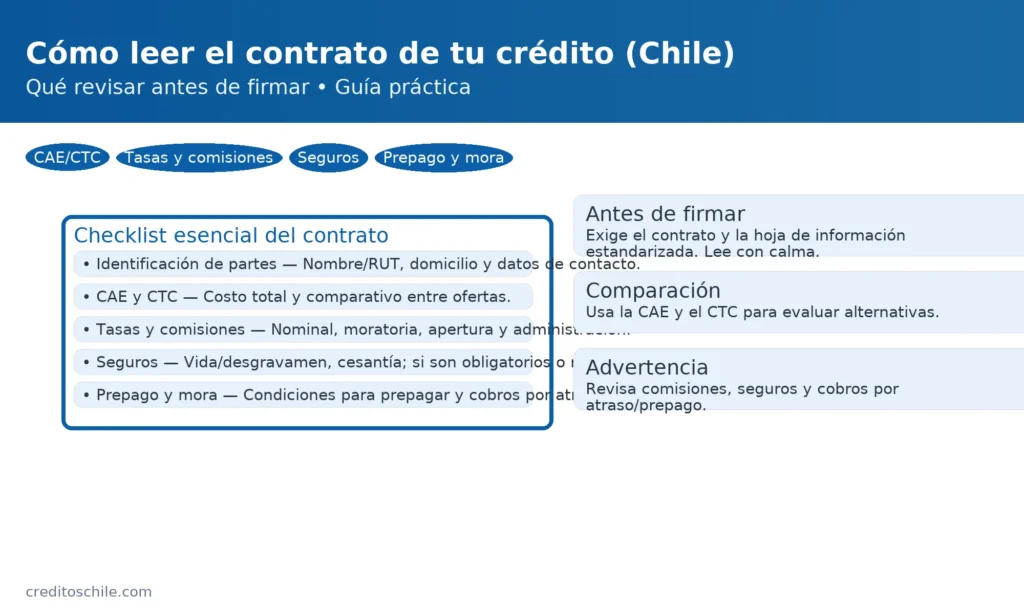 Cómo leer el contrato de tu crédito en Chile: checklist esencial (identificación de partes, CAE y CTC, tasas y comisiones, seguros, prepago y mora) — creditoschile.com