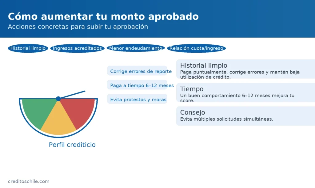 Cómo aumentar el monto aprobado: mejora tu historial crediticio (pago puntual, corrección de errores, baja utilización) para subir el score — creditoschile.com