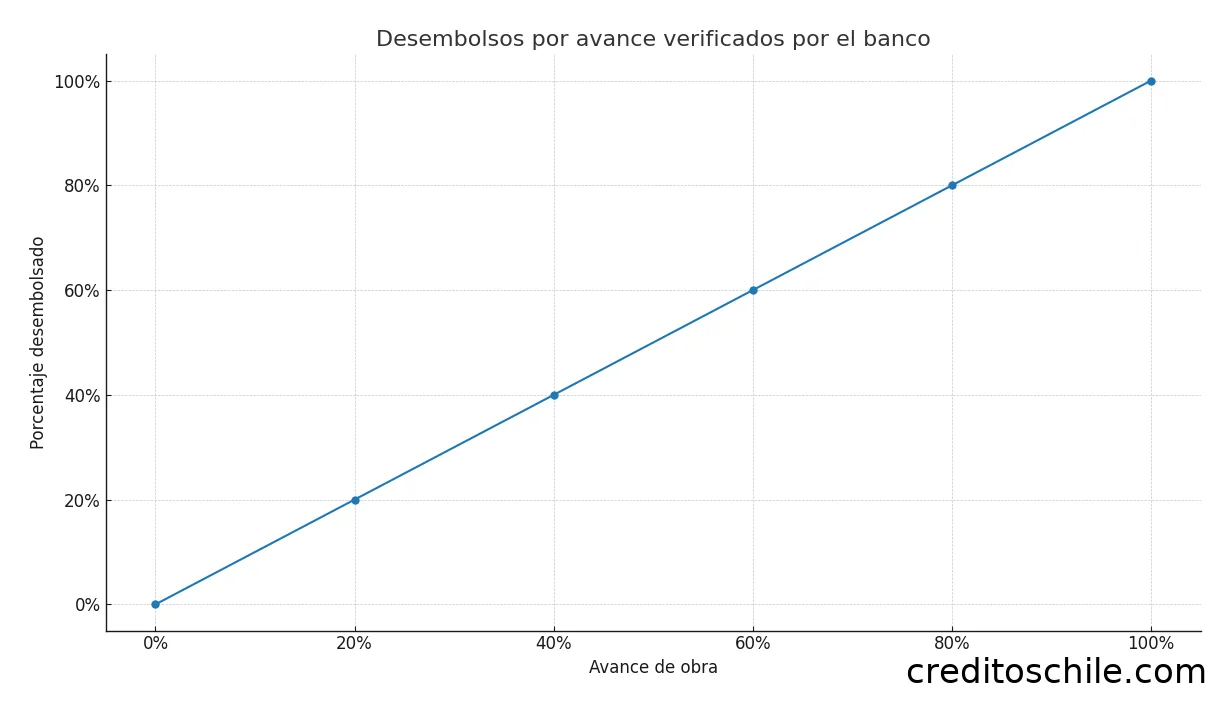 Gráfico de desembolsos por avance de obra en crédito de autoconstrucción: 0%, 20%, 40%, 60%, 80% y 100%, verificados por el banco.
