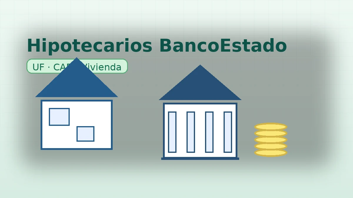 créditos hipotecarios en BancoEstado con íconos de casa, banco y monedas; resume relación UF y CAE para vivienda