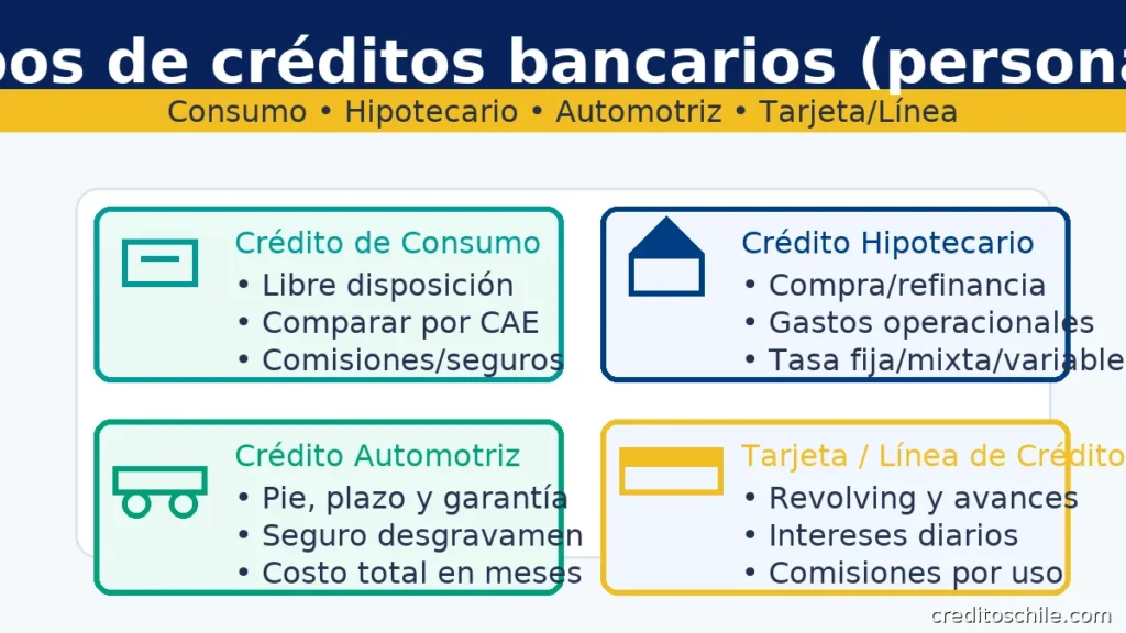Tipos de créditos bancarios: consumo, hipotecario, automotriz y tarjeta/línea con puntos clave para decidir