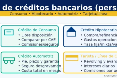 Tipos de créditos bancarios: consumo, hipotecario, automotriz y tarjeta/línea con puntos clave para decidir