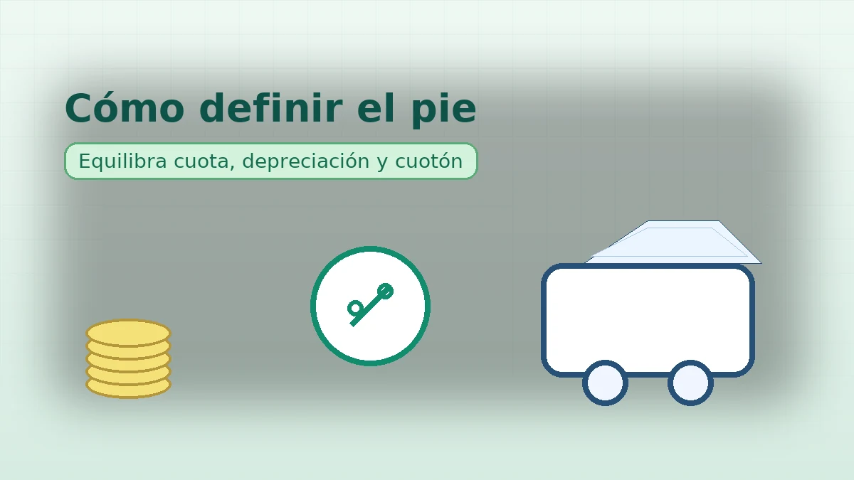 Banner con pila de monedas, símbolo de porcentaje y auto; sugiere equilibrar el pie con cuota, depreciación y cuotón final.
