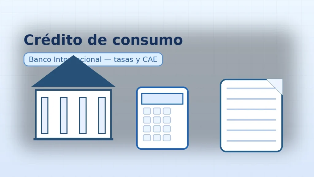 Banner de crédito de consumo con íconos de banco, calculadora y documento; destaca tasas vigentes y CAE para comparar ofertas