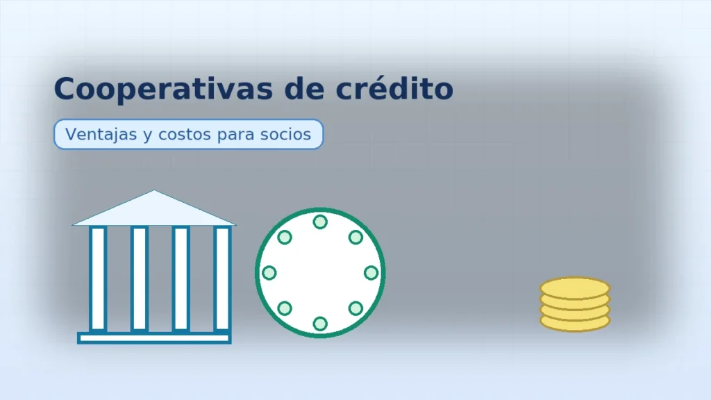 Banner con edificio tipo cooperativa, círculo de personas y monedas apiladas; representa beneficios, costos y comunidad en las cooperativas de crédito