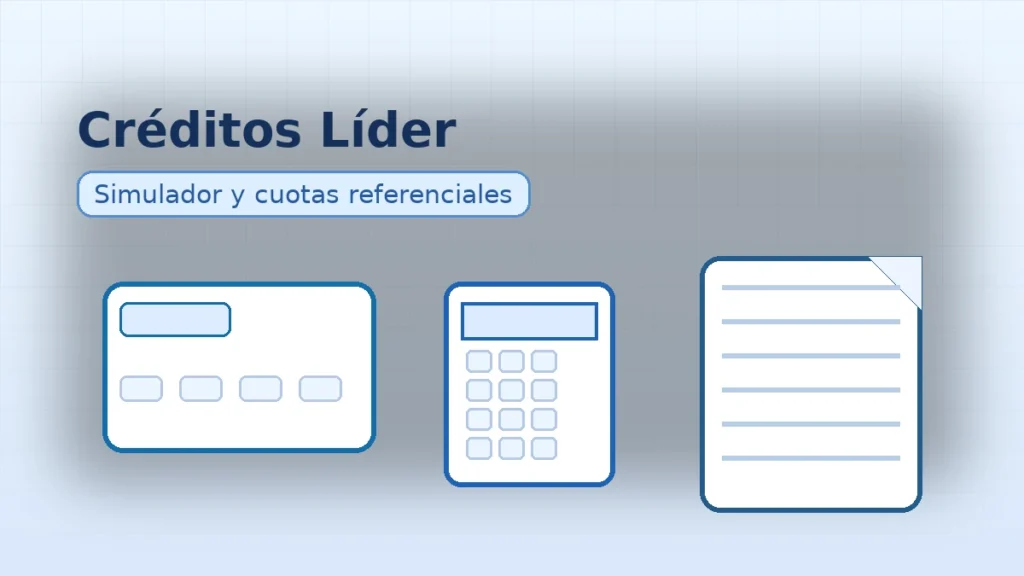 créditos Líder con tarjeta, calculadora y documento; representa el uso del simulador y la lectura de cuotas
