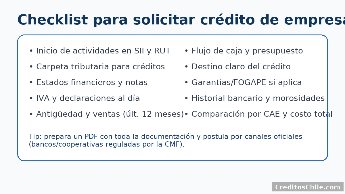 para solicitar crédito de empresa en Chile: inicio de actividades y RUT, carpeta tributaria, estados financieros, IVA al día, ventas/antigüedad, flujo de caja, destino del crédito, garantías/FOGAPE, historial bancario y comparación por CAE