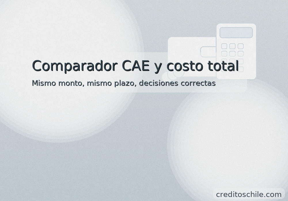 "Comparador CAE y costo total con elementos de billetera, calculadora y monedas, estilo Créditos Chile