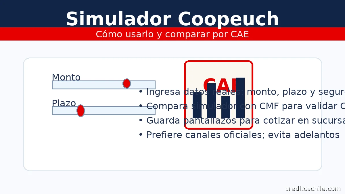 Simulador de créditos Coopeuch: ingreso de monto y plazo, panel de CAE y consejos de comparación