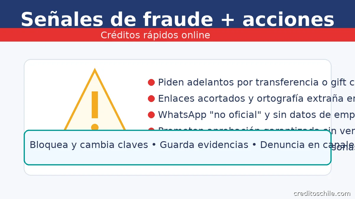 Alertas de fraude en créditos rápidos online y acciones: adelantos, enlaces acortados, cuentas de terceros, bloqueo y denuncia