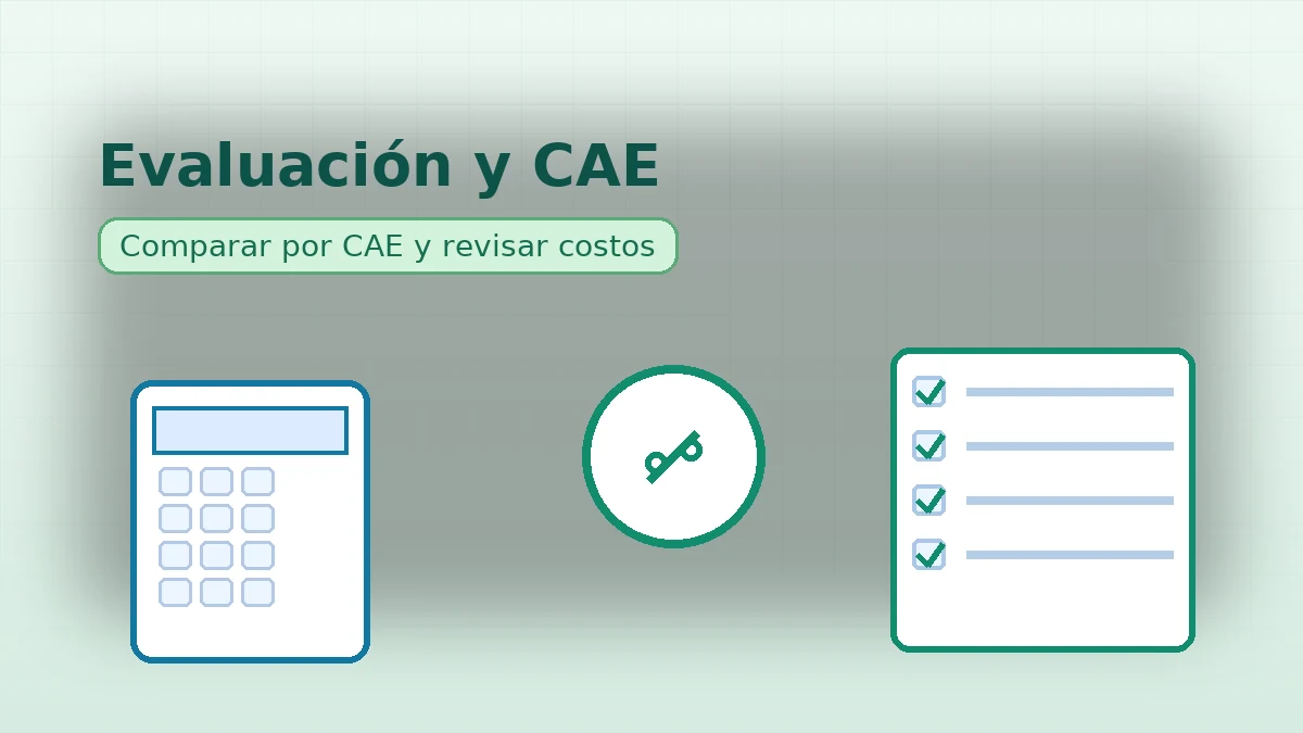 Banner con calculadora, símbolo de porcentaje y checklist; invita a comparar créditos por CAE y revisar costos