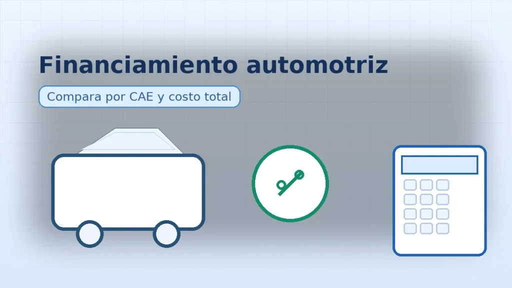 Banner con automóvil, ícono de porcentaje y calculadora; invita a comparar créditos automotrices por CAE y costo total.