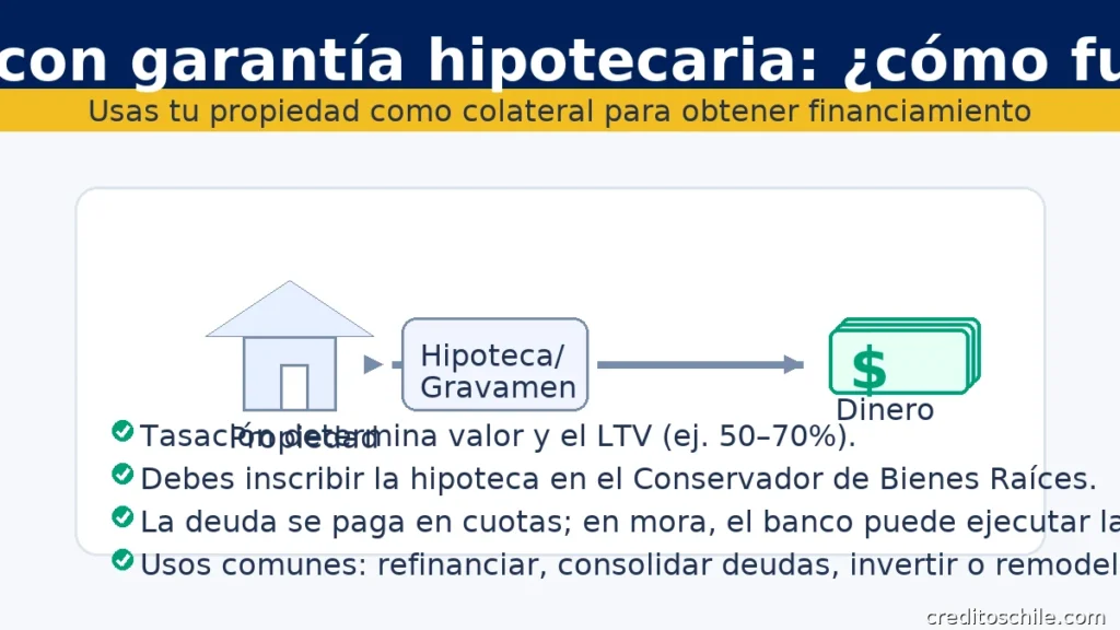Crédito con garantía hipotecaria: diagrama propiedad → hipoteca → dinero, con puntos clave LTV, tasación e inscripción.