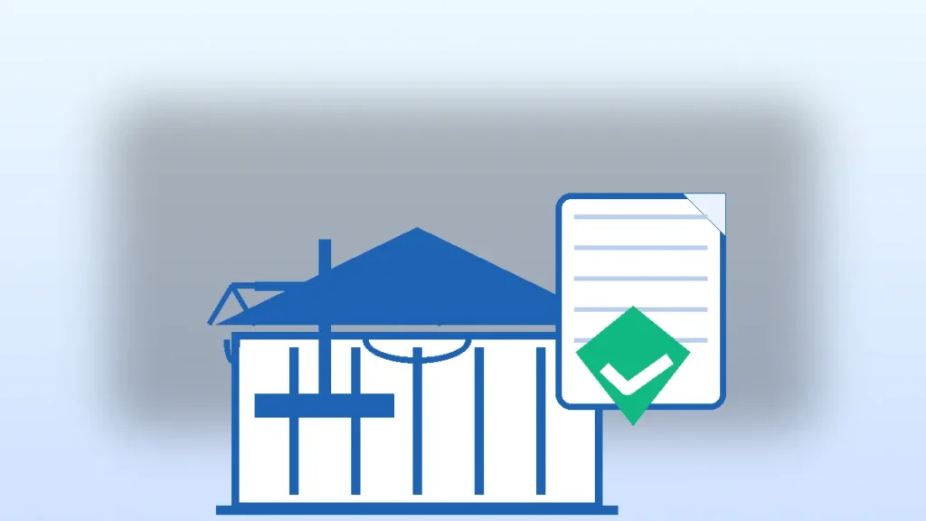 Edificio institucional con balanza, documento y escudo que representan regulación de la CMF en créditos hipotecarios