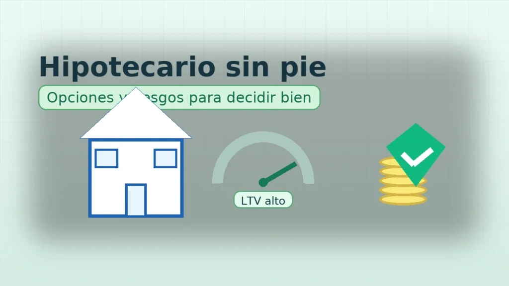 Ilustración de crédito hipotecario sin pie con casa, medidor de LTV alto, monedas y escudo de garantía