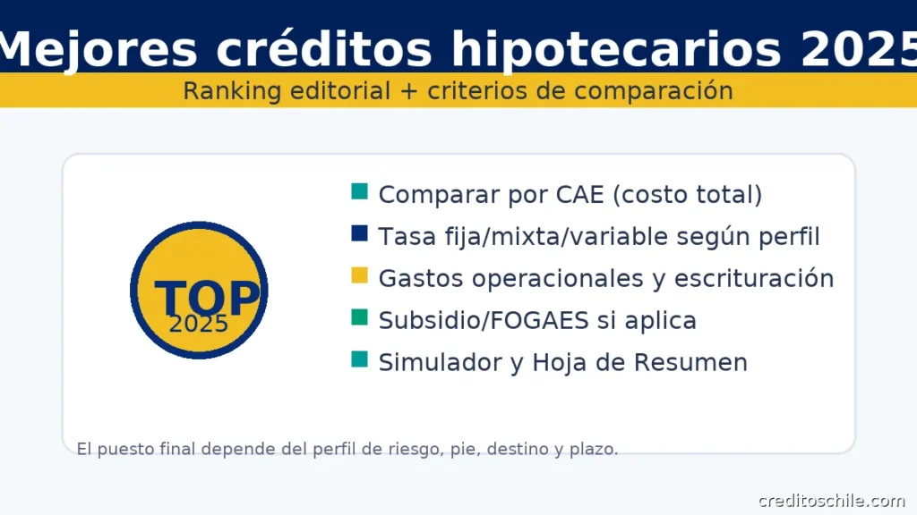 Mejores créditos hipotecarios 2025: ranking editorial y criterios (CAE, tipo de tasa, gastos operacionales, FOGAES/subsidio, simuladores)