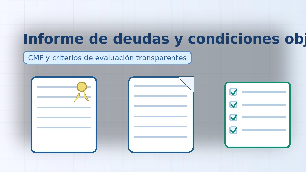 Banner con certificado, documento y lista de verificación; alude al Informe de Deudas de la CMF y a criterios de evaluación transparentes.