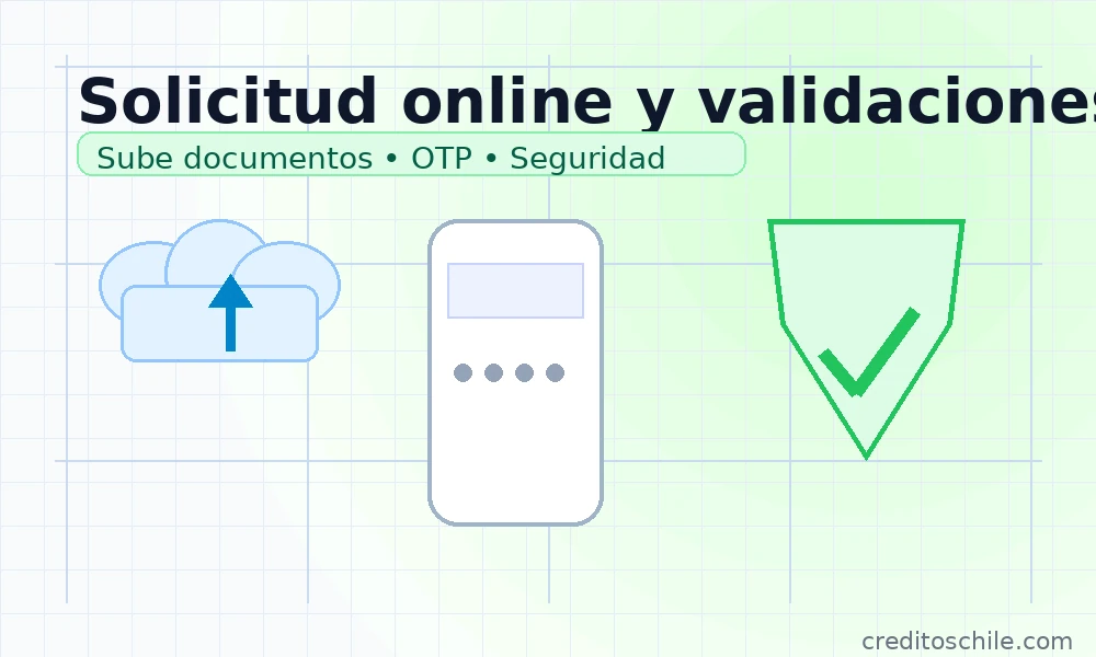 Solicitud online y validaciones (subida, OTP, seguridad)
