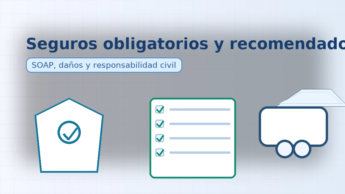 Banner con escudo, checklist y auto; resume SOAP, seguro de daños y responsabilidad civil en créditos automotrices.
