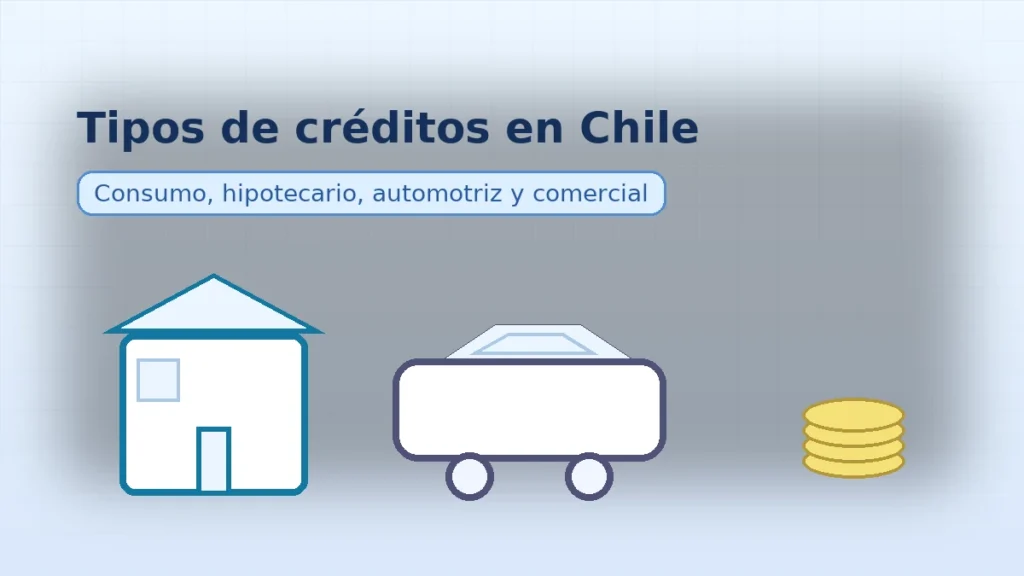 Banner ilustrativo con casa, auto y monedas apiladas; representa los principales tipos de créditos en Chile: consumo, hipotecario, automotriz y comercial.