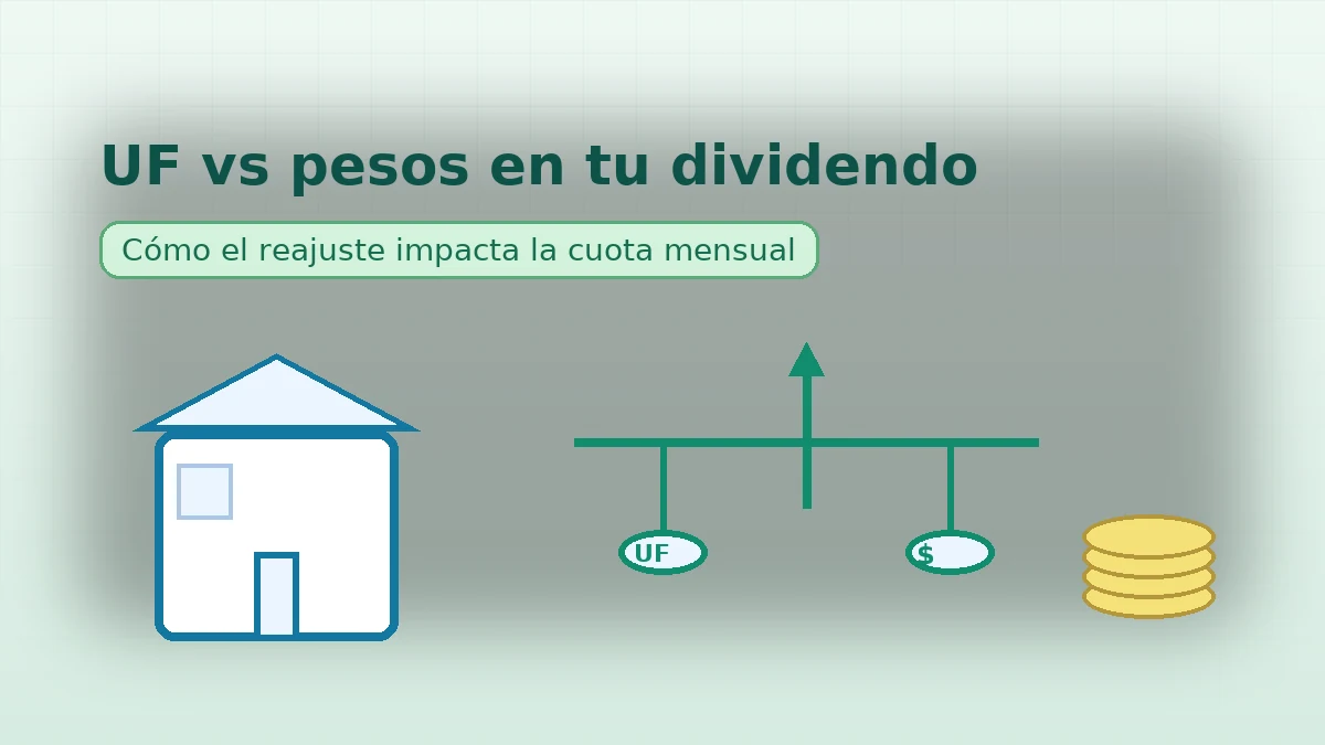 Banner con casa, balanza marcada “UF” y signo “$”, y monedas apiladas; ilustra el impacto del reajuste en la cuota mensual del hipotecario.