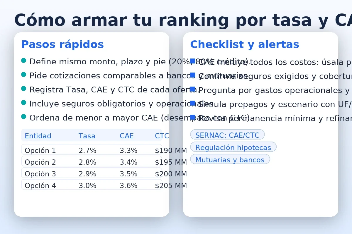 Guía visual para armar ranking hipotecario por tasa y CAE: pasos rápidos, mini tabla comparativa y checklist de alertas; etiquetas CAE, CTC, Tasa, Plazo y Seguros.