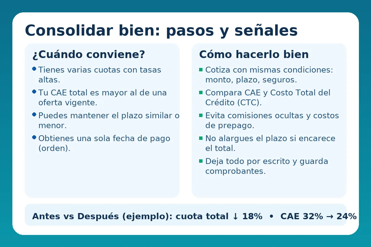 Lámina comparativa “Consolidar bien: pasos y señales”; columna izquierda “¿Cuándo conviene?” con 4 bullets; derecha “Cómo hacerlo bien” con 5 pasos; franja inferior “Antes vs Después: cuota total ↓18% • CAE 32%→24%