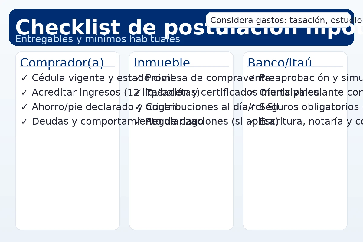 Checklist de crédito hipotecario Itaú: requisitos, oferta vinculante y gastos notariales