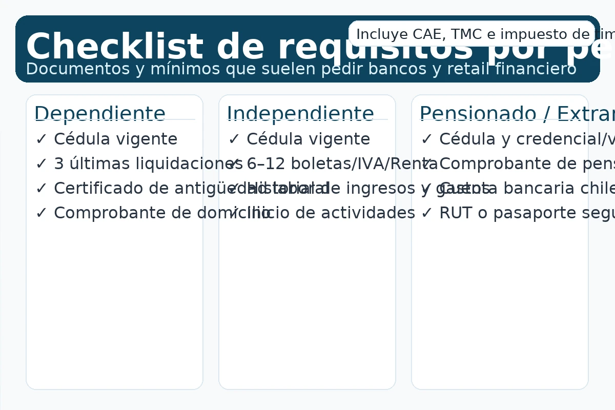 Checklist de requisitos para préstamo personal: dependiente, independiente, pensionado o extranjero